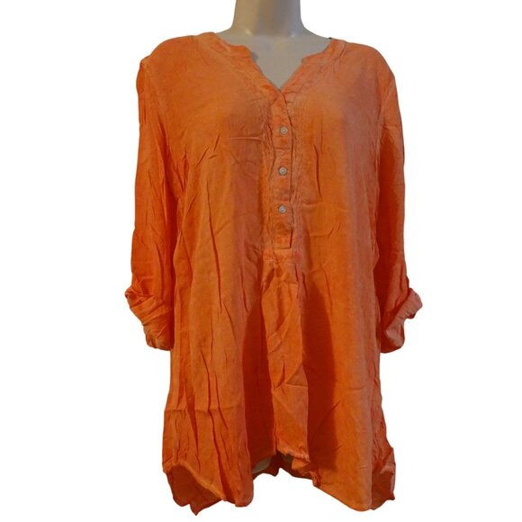 Democracy Women Orange 3/4 Sleeve Tunic Top 3-Button Size L Boho Peasant - Picture 1 of 11